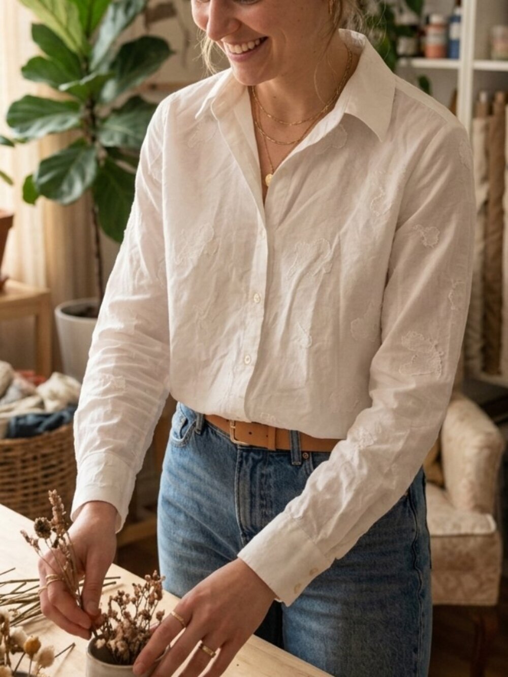 Mavi White Embroidered Button Down Shirt
